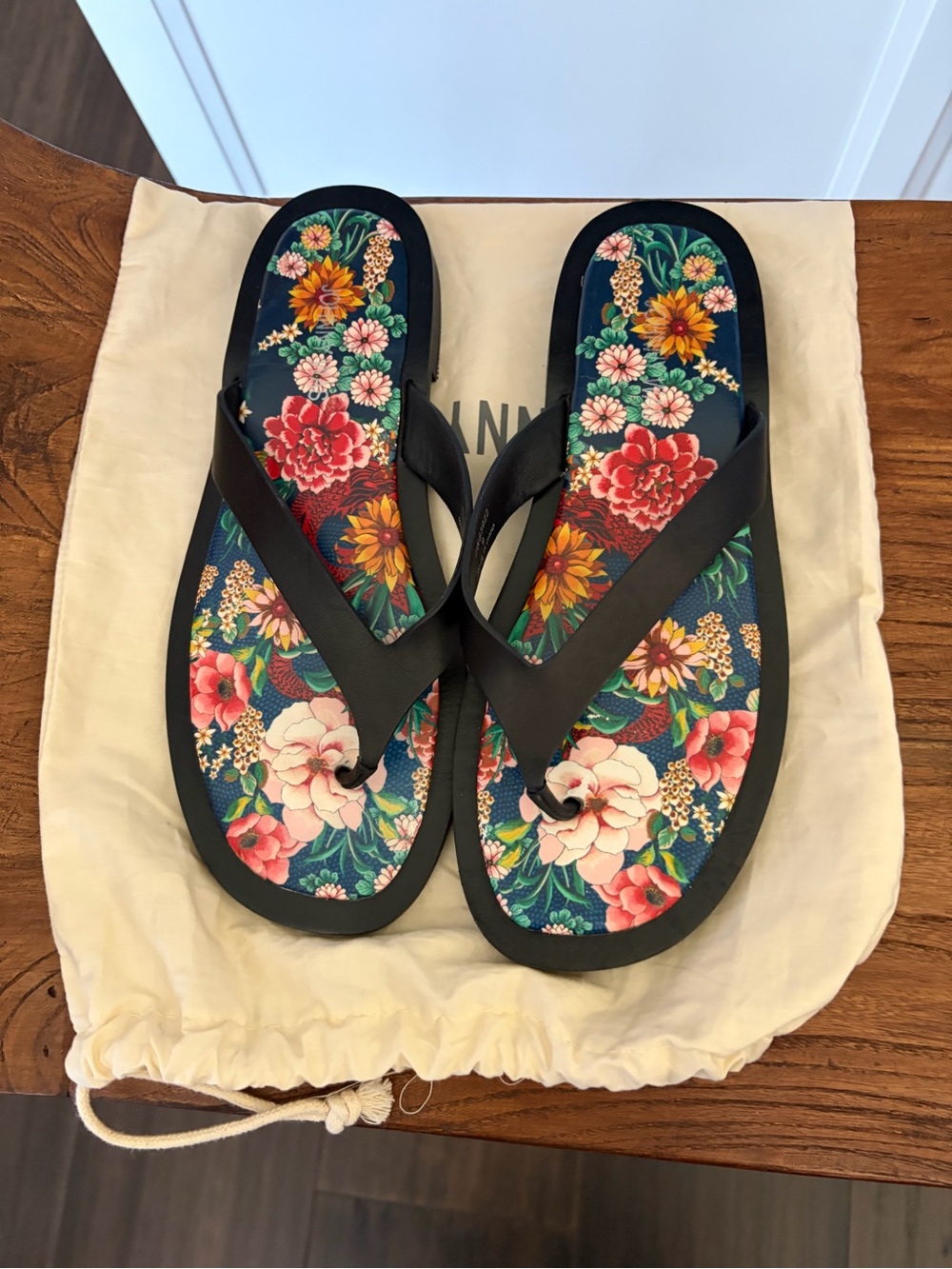 Johnny Was Black-Strap Floral Print Flip Flop Sandals